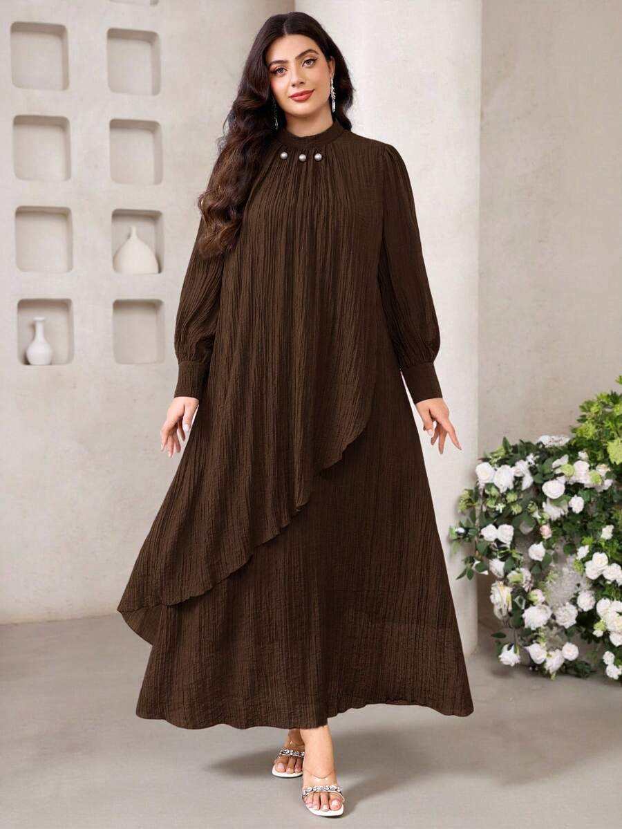 Veilorie Plus Size Elegant Commuter Beaded Decor Long Dress - Coffee Brown - View 1