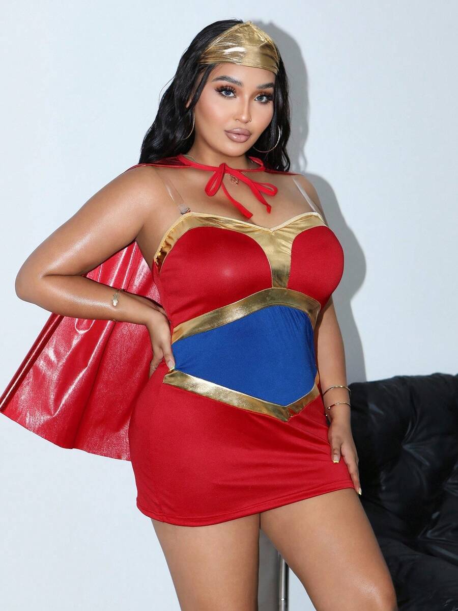 3pcs Halloween Superhero Colorblock PU Patchwork Dress + Shawl + Headpiece, Plus Size Cosplay Costume - Multicolor - View 1