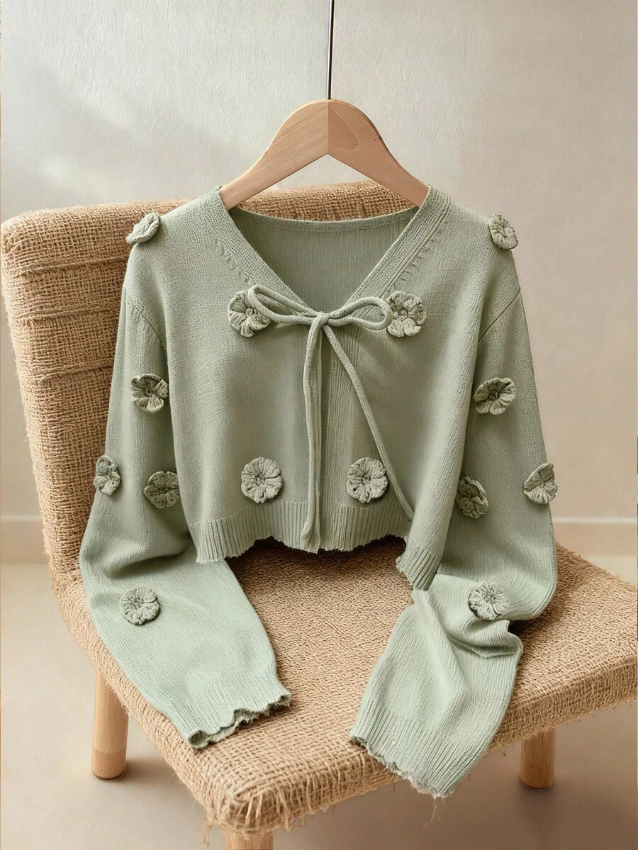 Travachic KIDS Young Girls, Teenage Fashion Design, Leisure Vacation, Three-Dimensional Woolen Flowers, Elegant Ladies, Green Versatile Knitted Cardigan, High-End Green Sweater Cardigan, Three-Dimensional Woolen Flowers, Lace-Up Cardigan, Fashion Design, Cutting-Edge Fashion Design, Can Be Worn Indoors And Outdoors, Simple Style, Suitable For Indoor, Outdoor, Daily, Sports, Play, Party, Photo, Vacation, Festival Autumn Winter Clothes For Women