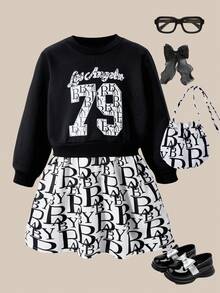SHEIN Explorewe Young Girls' Sweet Cartoon Print Black Long Sleeve Patchwork Hoodie Dress With Bag,Children's Autumn School Outdoor Play & Holiday Mid-Length Dress - Black and White - View 7