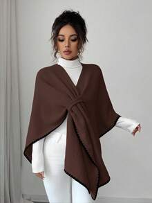 Elenzga 女士新款秋冬单件时尚披肩领开衩斗篷轻薄奢华休闲日常开衫毛衣 - 咖啡棕 - 查看 3