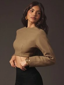 Hauture Blusa de mujer para oficina con cuello alto, espalda descubierta y cierre de metal dorado elegante para uso casual y de negocios - Marrón - Ver 5