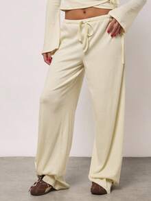 SHEIN BAE Lässige, lockere und weit geschnittene Hose aus Kaschmirstrick für Damen mit Kordelzug in der Taille, einfarbig in Gelb, vielseitig einsetzbar, geeignet für den täglichen Weg zur Arbeit, die Freizeit zu Hause, zum Ausgehen, die tägliche Freizeit und die Winterhose mit weitem Bein