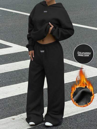SHEIN EZwear Set casual in stile strada con felpa con cappuccio e pantaloni della tuta oversize con stampa di lettere, adatto per autunno/inverno, colore nero, taglie comode