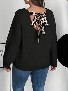 SHEIN Frenchy Plus Size Women V-Neck Bowknot Backless Pullover Sweater, Elegant French Style/Winter - Black - View 6