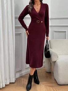 EMERY ROSE Women's Elegant Commuter Solid Color Belted Knit Dress, Autumn/Winter