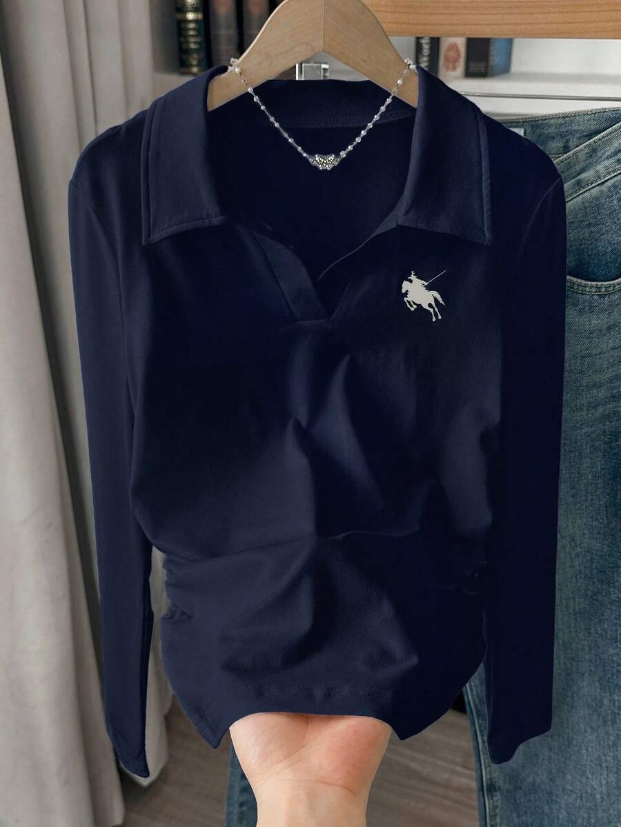 SHEIN 女式休闲翻领修身花卉印花长袖 T 恤 - 藏蓝色 - 查看 1