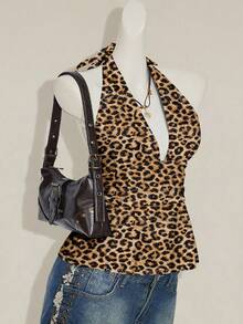 SHEIN ICON 女士休闲露背深V领豹纹裹背衬衫，夜店装扮，性感、千禧一代、垃圾摇滚、哥特、朋克和美学风格。返校节、夜店装扮、派对、复古风、派对、嘻哈风 - 彩色 - 查看 6