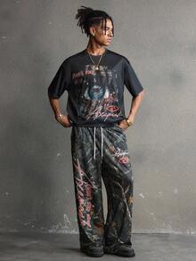 AXEPEAK High Street Fashion Jungle Dead Leaf Print Eye Of Terror Men's Loose Fit T-Shirt Set Two Pieces - Multicolor - View 1