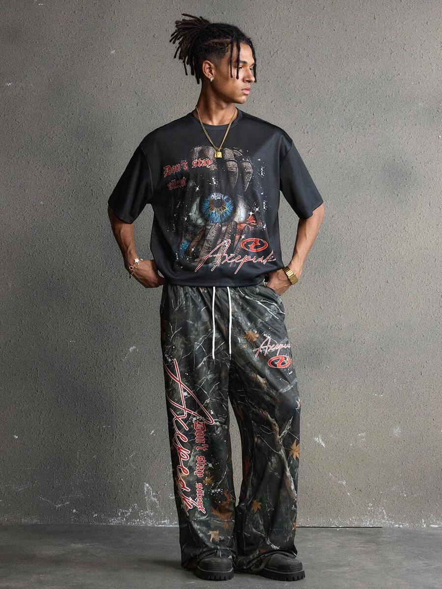 AXEPEAK High Street Fashion Jungle Dead Leaf Print Eye Of Terror Men's Loose Fit T-Shirt Set Two Pieces - Multicolor - View 1