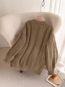 SHEIN Frenchy Plus Size Solid Color V-Neck Twist Cable Front Button Casual Long Sleeve Cardigan - Brown - View 2