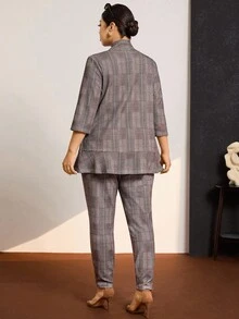 Comfylo 大码女式两件套格子印花休闲工作服西装外套和裤子套装，秋冬感恩节装扮节日装 - 彩色 - 查看 3