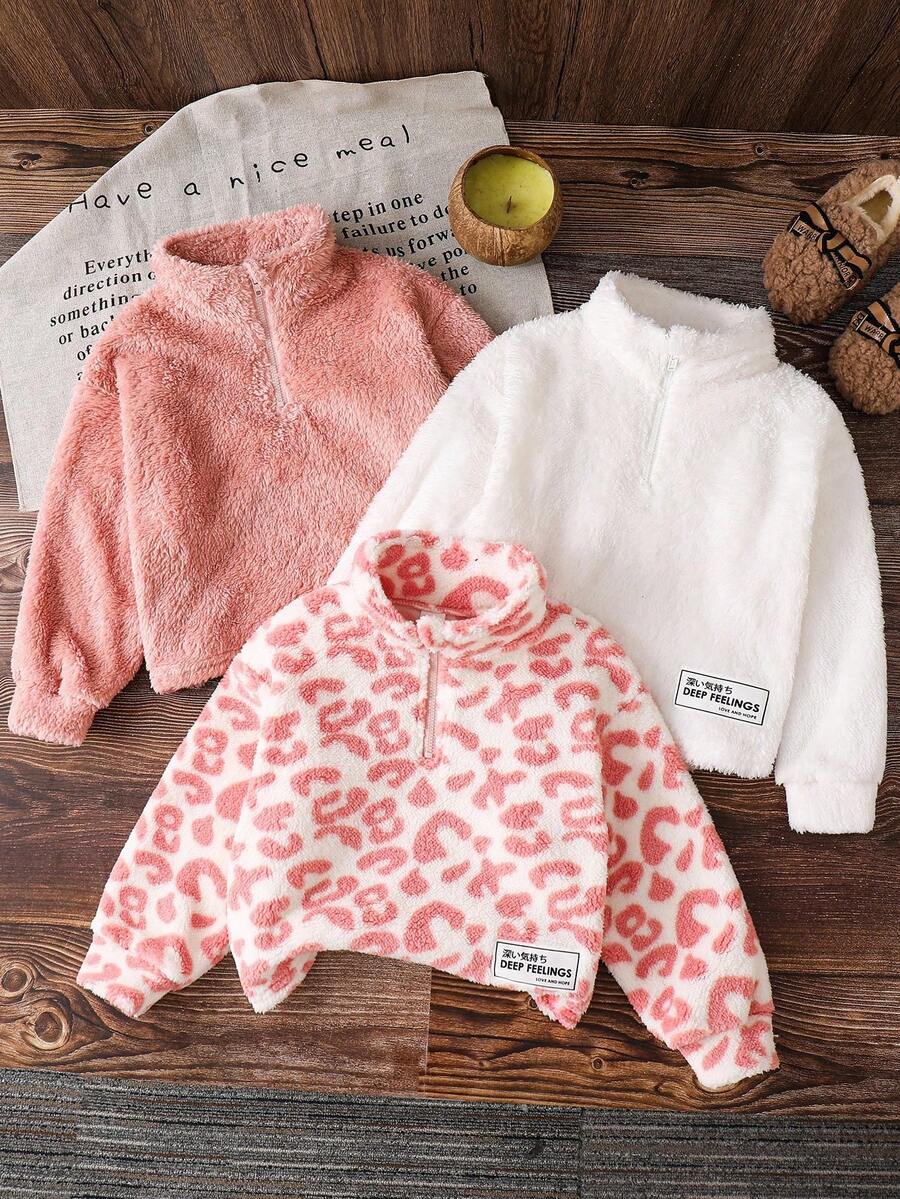 SHEIN Set de 3 sudaderas cortas con cuello alto y media cremallera, de estilo casual, con estampado de leopardo rosa y forro polar reversible, para niñas jóvenes, cálidas para otoño e invierno - Multicolor - Ver 1