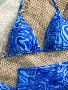 Swim Vcay Summer Beach 3packs Allover Print Triangle Bikini & Beach Skirt - Blue - View 6