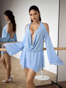 Menodora SHEIN Sport 女式纯色露背垂坠镂空长袖拉丁舞服装 - 藍色 - 查看 4