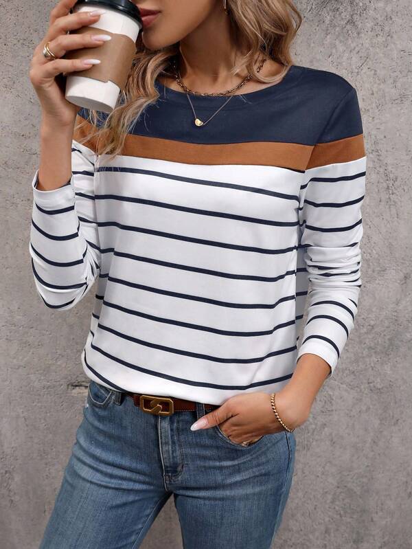Lunelith SHEIN Lunessa Striped Print Colorblock Tee Graphic Tees Women Tops
