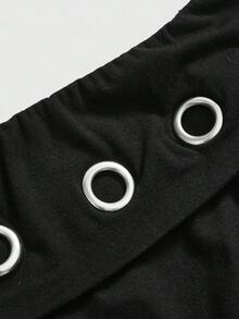ROMWE Grunge Punk Áo thun hở vai họa tiết kim loại Grunge Y2K Subculture viền bất đối xứng dành cho nữ - màu đen - Xem 3