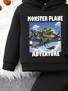 Set de 2 piezas de sudadera con capucha y pantalones con estampado de dibujos animados de monstruo, cocodrilo y avión para niño pequeño, para otoño/invierno - Negro - Ver 4