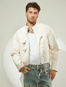 FeverCity Men's Solid Color Fashionable Drop Shoulder Casual Jacket, For Fall Winter - Apricot - View 4