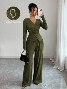 Lyxana 女士纯色裹身上衣和裤子两件套西装，通勤风格 - 橄欖綠 - 查看 7