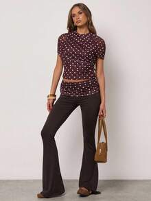 SHEIN BAE Women's Autumn And Winter Brown Exquisite Casual Polka Dot Print Pleated Slim Short-Sleeved Top, Brunch Top, Going Out Top, Polka Dot Top, Brown Top - Coffee Brown - View 5
