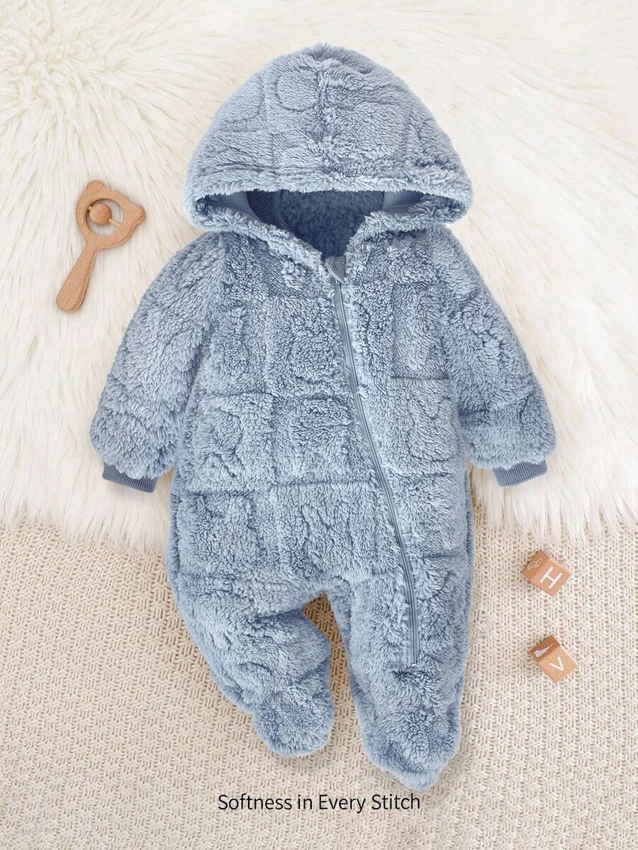 Cozy Pixies 男婴卡通熊图案连帽羊毛连体衣（含裤子） - 藍色 - 查看 1
