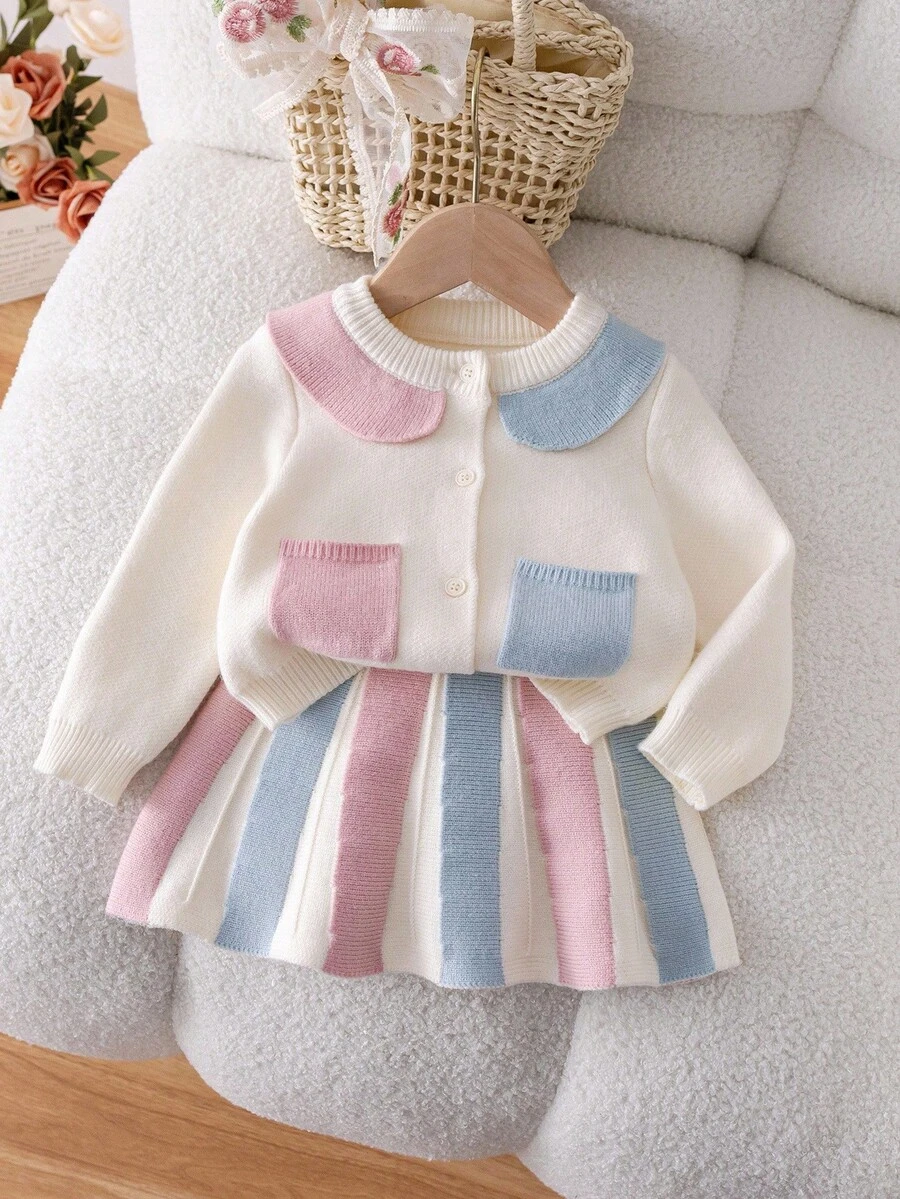 SHEIN Playful Pals Set de 2 piese pentru fetițe, stil visător și drăguț, cu guler Peter Pan în culori contrastante și design cu buzunare, asortat cu o fustă cu dungi roz și albastre, potrivit pentru grădiniță, joacă în aer liber, fotografie, purtare zilnică, adorabil și fermecător. - Multicolor - Vizualizare 1