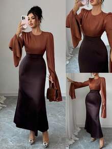 SHEIN Clasi Women's Elegant Solid Color Patchwork Round Neck Long Sleeve Dress, Autumn - Coffee Brown - View 1