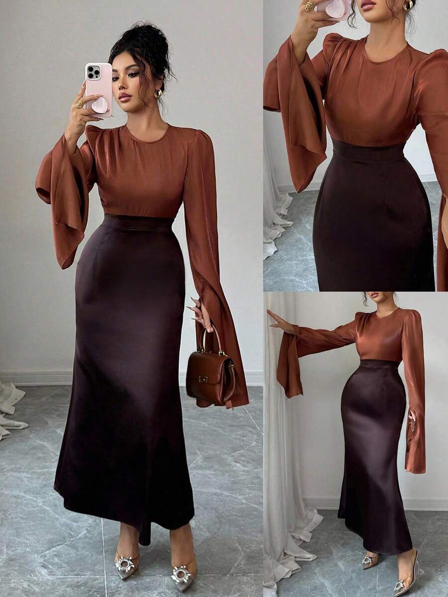 SHEIN Clasi Women's Elegant Solid Color Patchwork Round Neck Long Sleeve Dress, Autumn - Coffee Brown - View 1