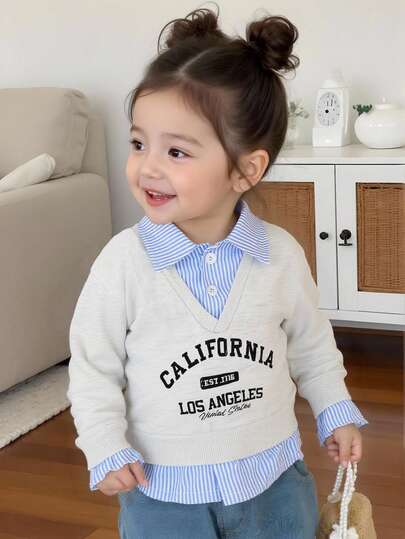 女婴休闲蓝白条纹衬衫领二合一字母印花长袖卫衣，保暖内衬，舒适透气，适合秋冬季日常穿着、运动和户外活动，婴幼儿女童服装，韩版女婴外套，女婴服装，女婴开衫