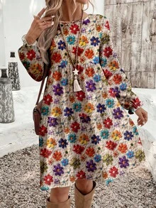 EMERY ROSE 大码女式休闲复古花卉印花宽松圆领长袖连衣裙，适合秋冬季和日常通勤 - 彩色 - 查看 1