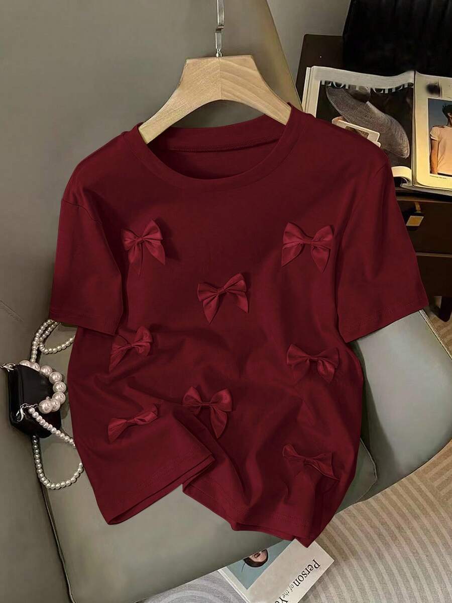 Franclia 女士休闲H型圆领3D蝴蝶结短袖粉色T恤，夏季 - 酒紅色 - 查看 1