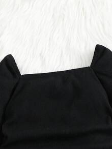 年轻女孩优雅黑色收腰修身方领长袖褶皱休闲连衣裙，适合派对、圣诞节、日常休闲、聚会。适合母女、姐妹套装 - 黑色 - 查看 12