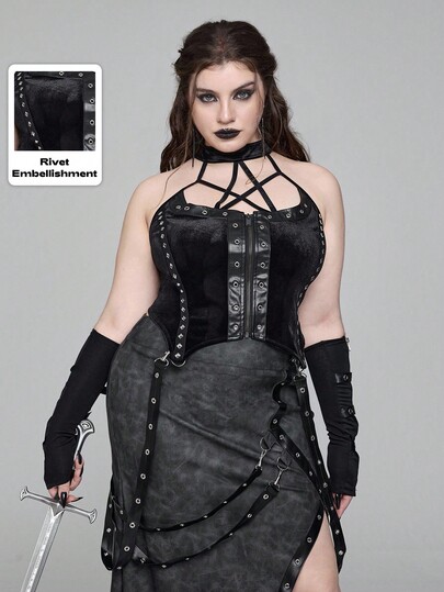 EDITION Plus Size Gothic Five-Pointed Star Element Spaghetti Strap Leather Rivet Webbing Vest, Plus Size Gothic Autumn/Winter Spaghetti Strap Top, Plus Size Gothic Christmas Autumn/Winter Camisole Vest, Plus Size Gothic Party Dinner Vintage Dark Ladies Spaghetti Strap Vest