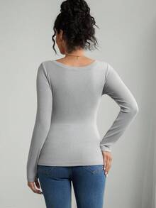 SHEIN Pregnant Women's Casual Comfortable Loose Crew Neck Long Sleeve T-Shirt - Grey - View 2