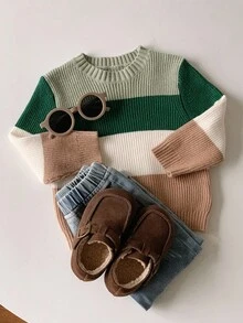 SHEIN Suéter de bloques de color verde y caqui para bebé niño/niña, suéter unisex lindo para niños, ropa de invierno para bebé, mi primera Navidad - Multicolor - Ver 4