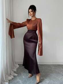 SHEIN Clasi Women's Elegant Solid Color Patchwork Round Neck Long Sleeve Dress, Autumn - Coffee Brown - View 3