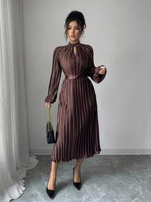 SHEIN Elenzya Women's Chocolate Brown Pleated Autumn Elegant Tea Party Dress, Stand Collar Cinched Waist High-End Loose Big Swing Niche Birthday Gift Date Party Ball - Coffee Brown - View 7