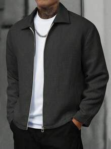 Manfinity Homme 男士休闲拉链夹克，复古风格，适合秋冬季节、日常休闲、周末旅行、户外活动、探险旅行、轻松的工作环境或半正式场合，也是送给男友/丈夫的礼物，周年纪念礼物。男士拉链夹克，男士长袖夏季夹克，男士衬衫式夹克，休闲圣诞外套 - 黑色 - 查看 3