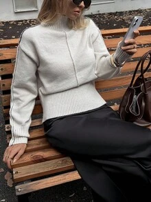 Elyressa Jersey casual de cuello alto de unicolor, de manga larga y hombros caídos, versátil y de moda para mujer - Gris Claro - Ver 1