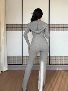 SHEIN PETITE 2 件套女式休闲连帽运动衫，带口袋和罗纹喇叭裤套装，适合日常穿着，秋冬 - 淺灰色 - 查看 4