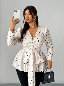 Elenzga Áo cánh tay dài buộc dây cổ chữ V in họa tiết ôm sát gợi cảm cỡ lớn - Màu be - Xem 1