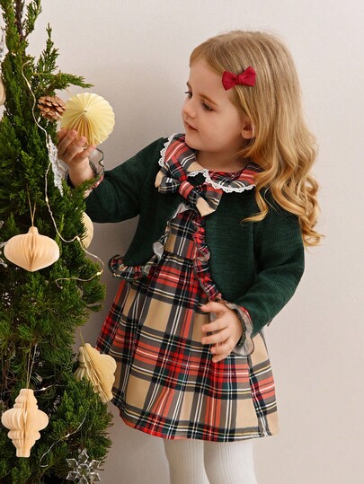 SHEIN 新款时尚简约可爱圣诞彼得潘领卷边蕾丝短袖连衣裙配长袖蝴蝶结荷叶边羊毛大衣两件套，适合春秋冬日常装、户外装、礼品套装、圣诞套装