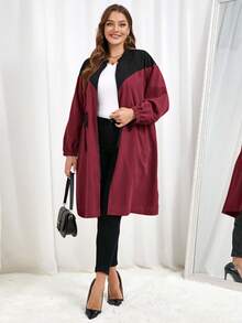 SHEIN Essnce Áo khoác gió thời trang rộng rãi, màu tương phản, chắp vá, thường ngày, đa năng, thiết yếu cho phụ nữ cỡ lớn, màu kaki và đen - Màu Đỏ Sâu - Xem 5