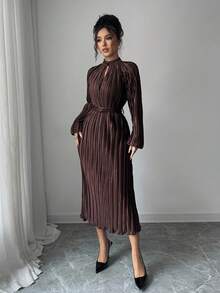 SHEIN Elenzya Women's Chocolate Brown Pleated Autumn Elegant Tea Party Dress, Stand Collar Cinched Waist High-End Loose Big Swing Niche Birthday Gift Date Party Ball - Coffee Brown - View 3