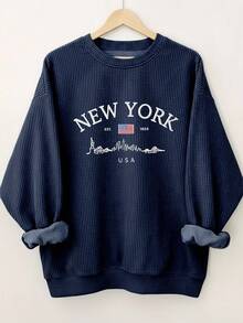 INAWLY Áo nỉ dài tay cổ tròn thêu chữ NEW YORK dành cho nữ, mùa thu/đông, món quà tuyệt vời cho bạn bè - Màu xanh hải quân - Xem 4