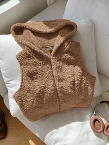 Comfortcana 女士纯色前拉链无袖休闲连帽外套，秋冬保暖服装；女士棕色连帽背心无袖开衫，大地色系服装；棕色背心