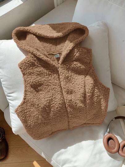 Comfortcana 女士纯色前拉链无袖休闲连帽外套，秋冬保暖服装；女士棕色连帽背心无袖开衫，大地色系服装；棕色背心