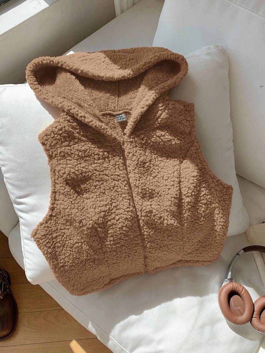 Comfortcana 女士纯色前拉链无袖休闲连帽外套，秋冬保暖服装；女士棕色连帽背心无袖开衫，大地色系服装；棕色背心