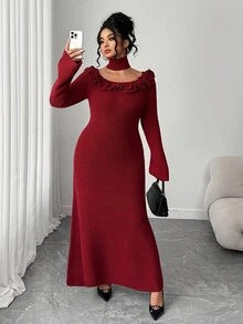Cravure Vestido de Tricô Elegante de Estilo de Senhora com Gola de Lenço, Manga Longa, Novo Decote em U 3D Floral, Ajustado de Comprimento Médio, Outono/Inverno para Mulheres - Vinho - Visão 5